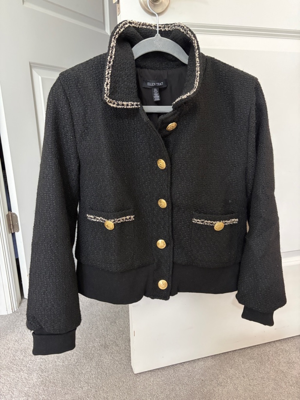 Ellen Tracy Black Tweed Cropped Jacket with Gold Buttons